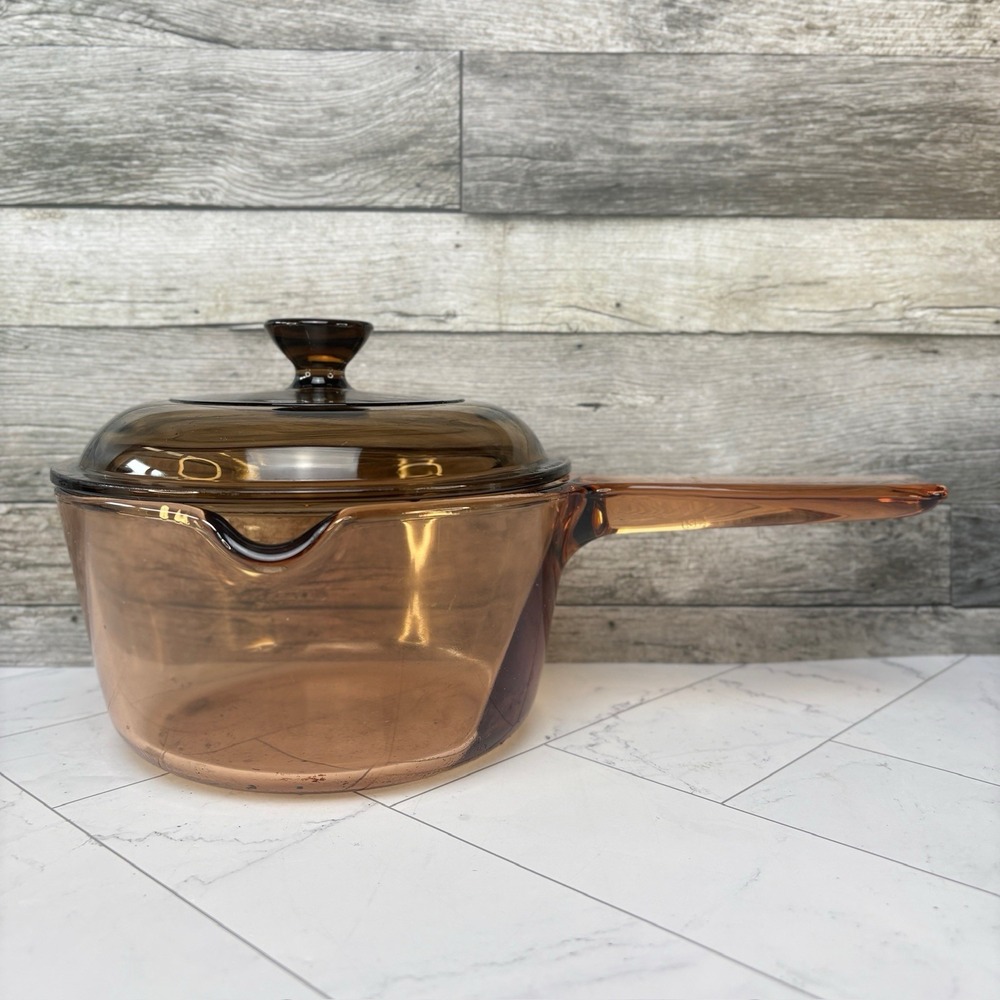 Vintage Corning Vision 1 Liter 1L Amber Sauce Pan Pot w/ Lid Pouring Spout USA
